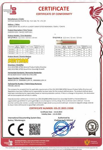 PVC BAHCE HORTUMLARI CE BELGESİ