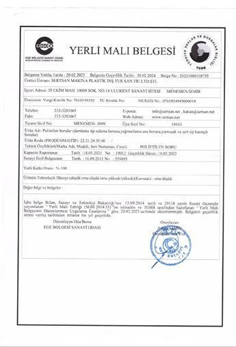 POLİETİLEN YERLİ MALI BELGESİ